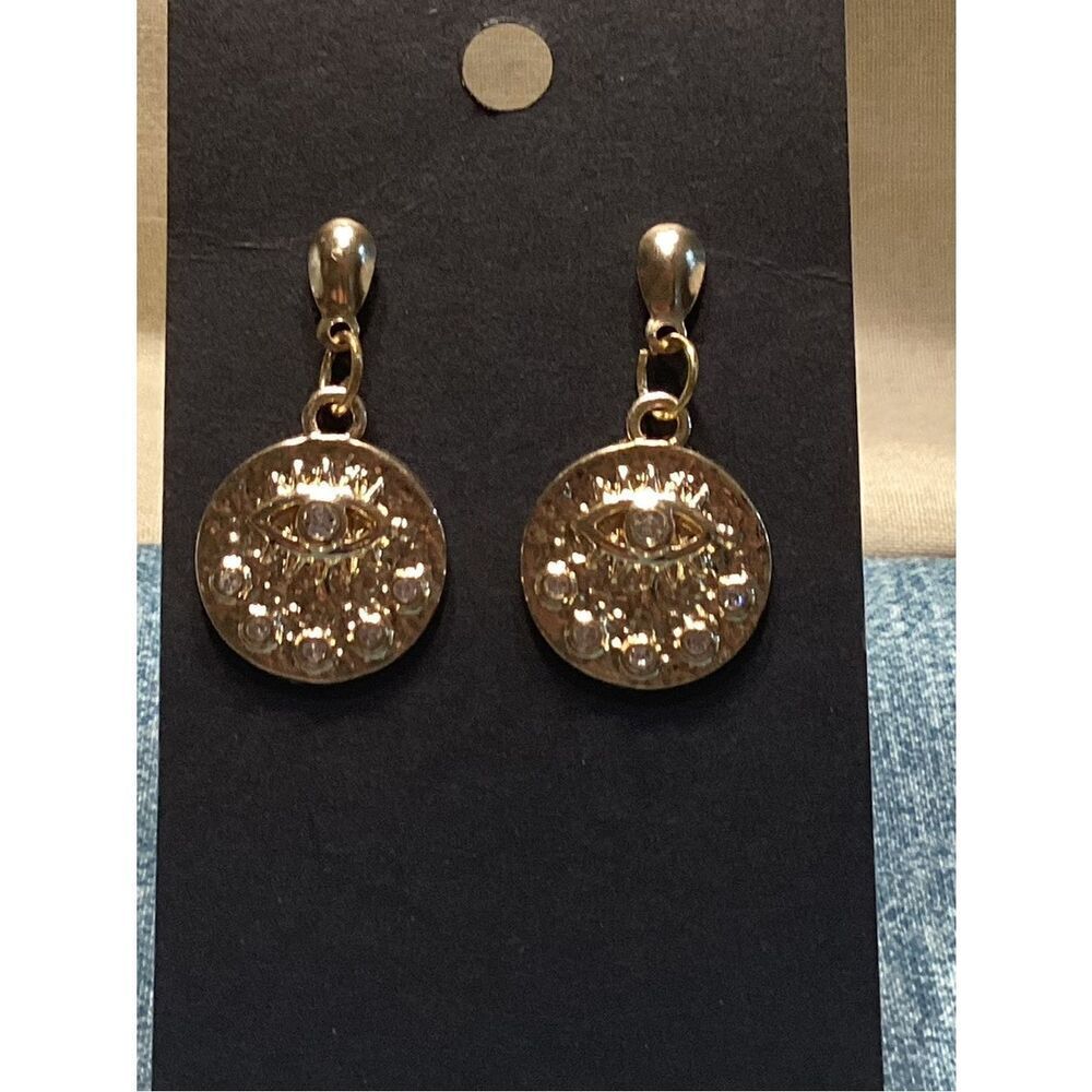 NWOT Gold-Tone Protective Eye Drop Earrings with Crystals